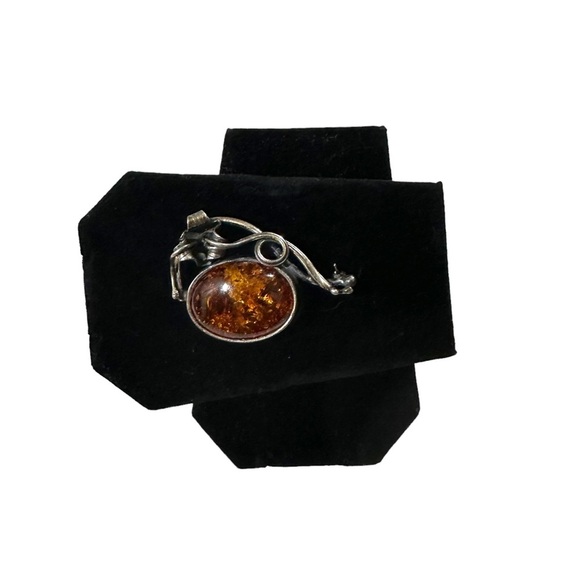 Vtg Signed M 925 Sterling Silver Natural Amber Cabochon Floral Brooch Pin 2” 13g - Picture 3 of 16